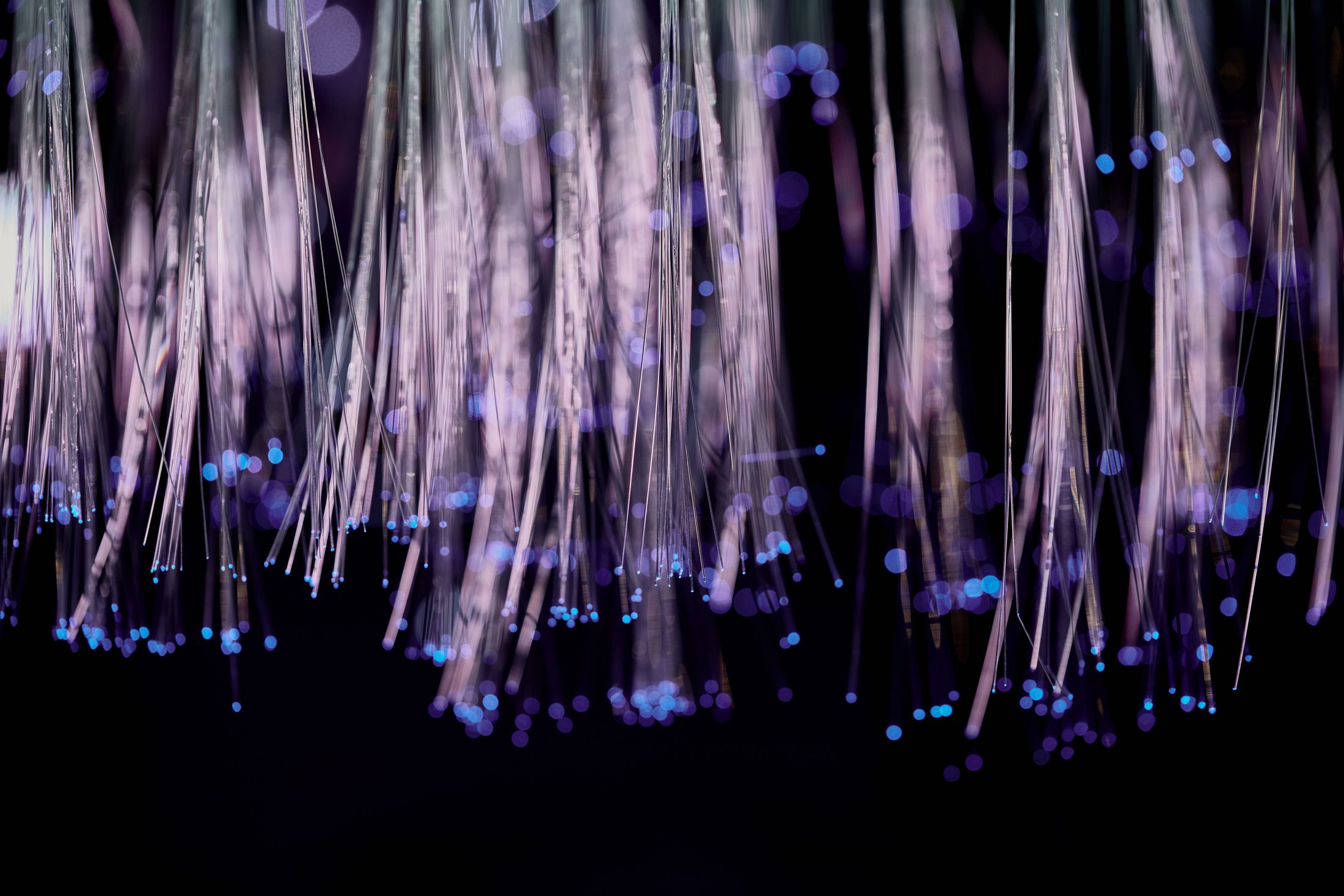 Glowing fiber-optic light strands in darkness on UCSTAK's AI Solutions Hub page.