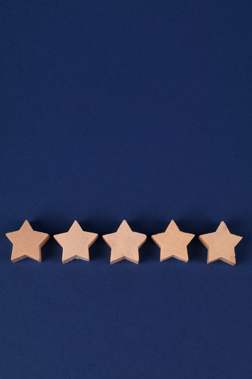 Five Wooden Stars on Blue Background Five wooden stars on blue background, representing UCSTAK's Post-Call Satisfaction Surveys feature.