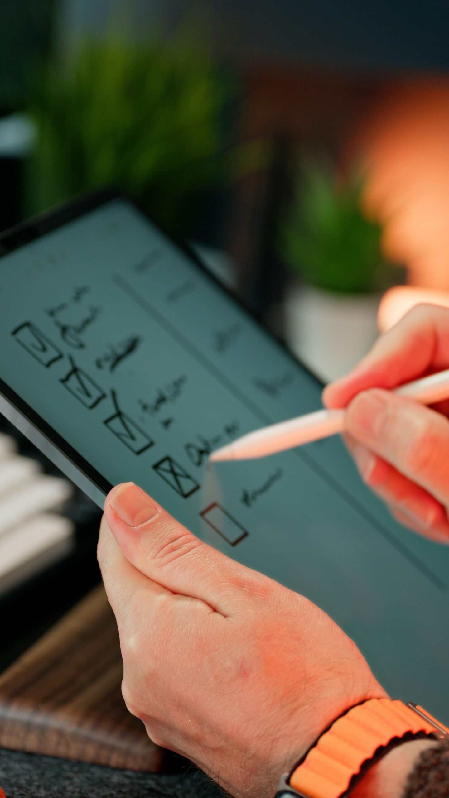Hands Writing on Digital Checklist with Hands writing on digital checklist with stylus, representing UCSTAK's Migrating From Your Current Phone System feature.