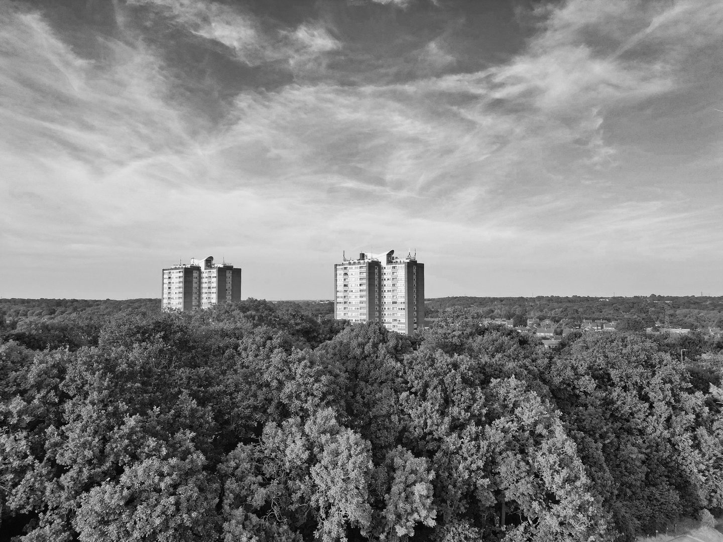 Monochrome view of apartment towers overlooking forest, representing UCSTAK's Reliability & Continuity feature.
