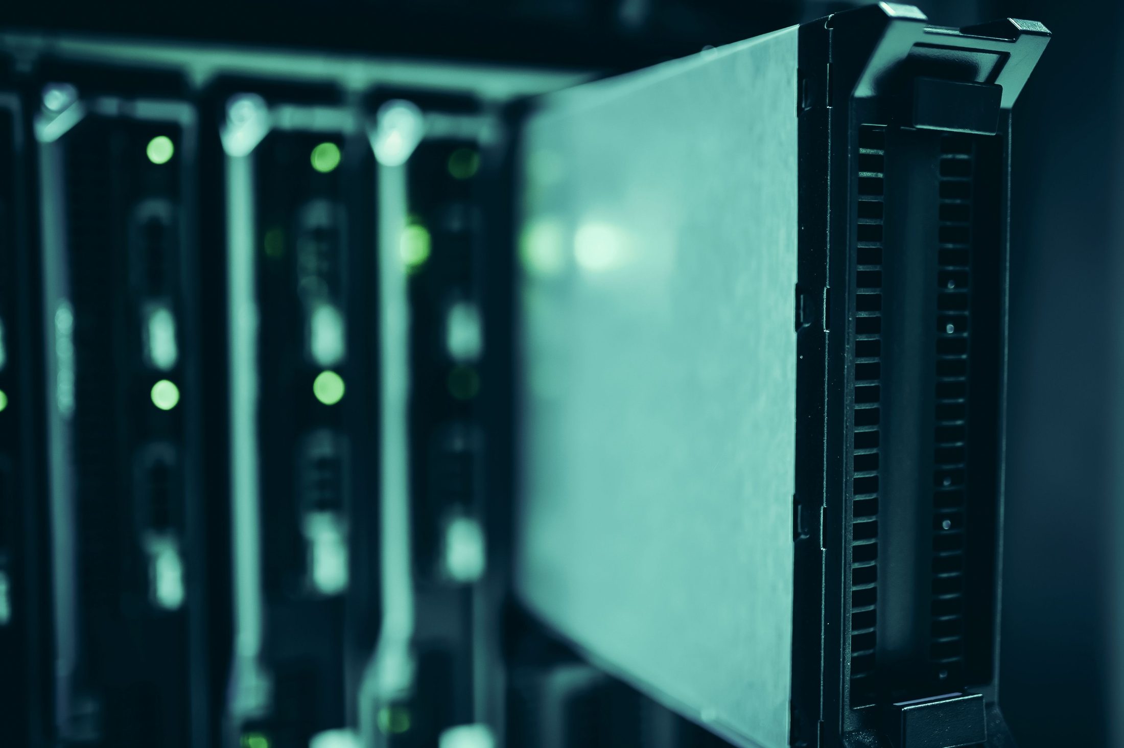 Data Center Server Racks with Active Data center server racks with active equipment, representing UCSTAK's Private Canadian AI Infrastructure feature.